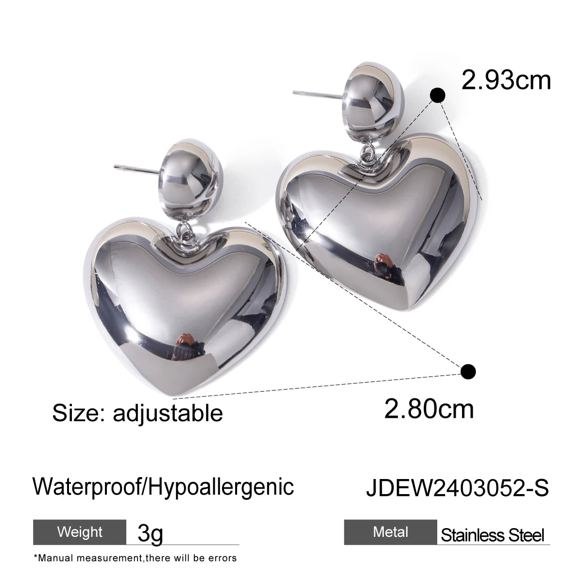 Minimalist 18K PVD Plated Light Cozy Stainless Steel Smooth Love Heart Steel Color Earrings Trendy Women Premium Jewelry Bijoux