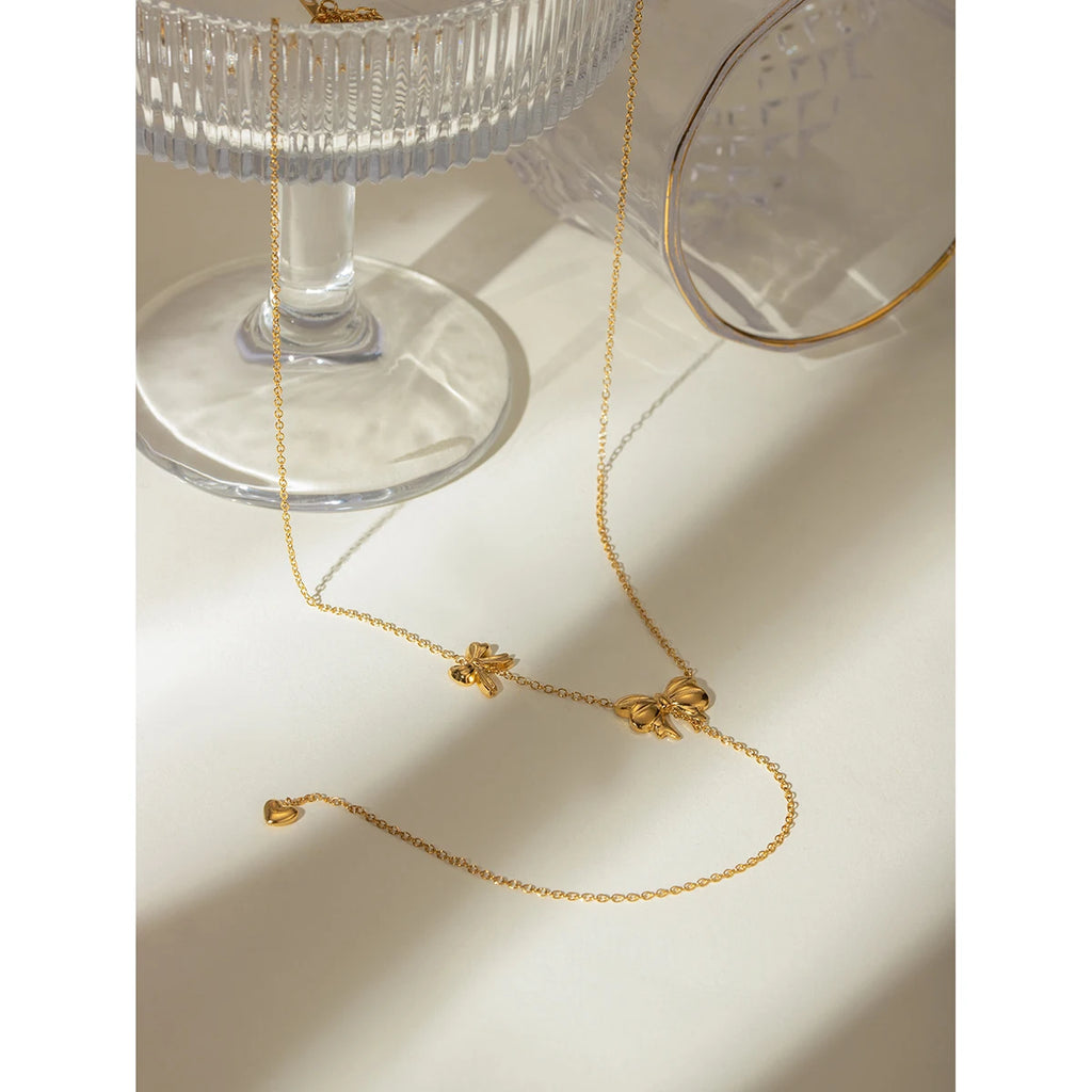 Trendy 18K PVD belagt rustfrit stål Delikat Bowknot Y Halskæde Kæde Damer Vandtæt højkvalitets charme Stilfulde smykker