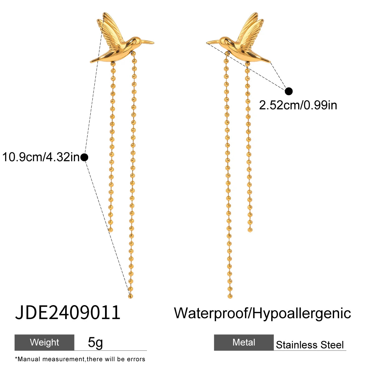 Orecchini Minimalisti con Nappa a Colomba della Pace Liscia in Acciaio Inossidabile 18K per Donna, Antiruggine, Gioielli alla Moda, Bijoux, Regalo per Gala