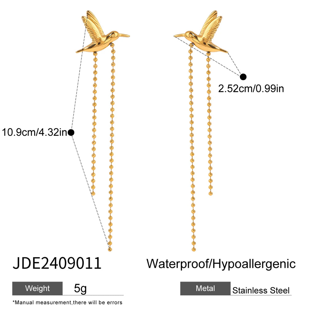 Peace Dove Retro Bird Tassel Earrings Brooch 18K PVD Plated Women Stainless Steel Anti Allergic Rust Proof Stylish Jewelry