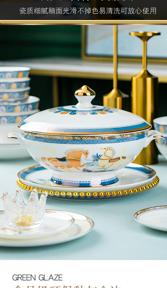 Vaisselle en céramique Jingdezhen, ensemble de bols et d'assiettes, vaisselle en porcelaine d'os de luxe nordique légère avec bordure dorée