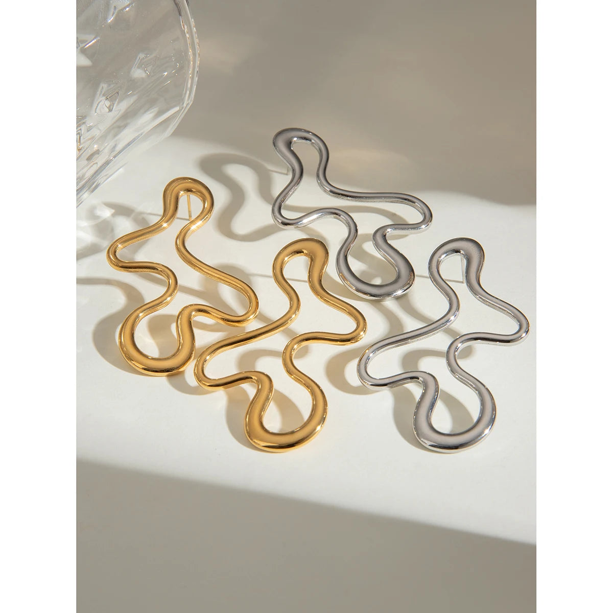 18K Gold Plated Statement Irregular Line Hollow Earrings Women Stainless Steel Minimalist Metal Rust Proof Stylish Jewelry