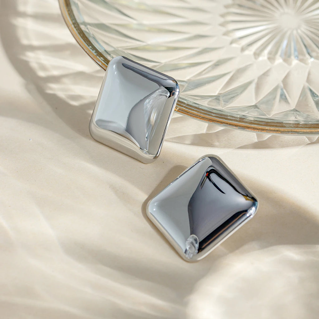 18K Square Smooth Stud Earrings for Women Stainless Steel Metal Texture Steel Color Waterproof Charm Sweet Jewelry Gift New