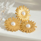 Minimalistisk 18K rustfrit stål Imitation Shell Bead Hammer Grain Texture Blomsterøreringe Ring Damer Rustfast Trendy smykker