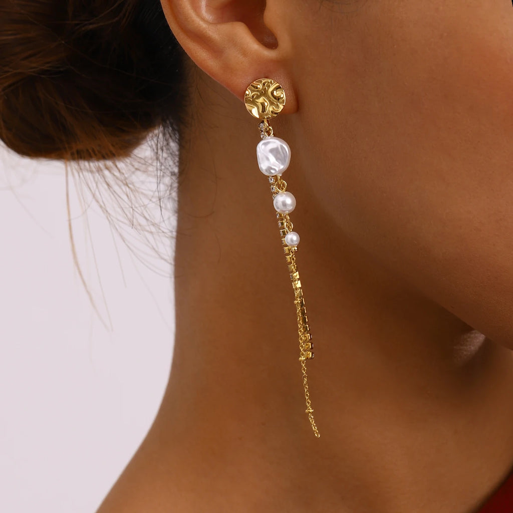 18k Gold Plated Stainless Steel Elegant White Zircon Claw Chain Circular Tassel Earring Women Prevent Allergy Gala Gift