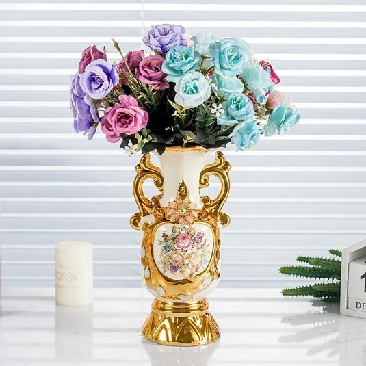 Elegant 24CM European Ceramic Vase with Hand-Painted Impressionist Flowers Perfect for Dried Blossom Arrangements Home Decor Shiny Golden Totem Pot Amphora Living Room Entrance Bedside Ornaments