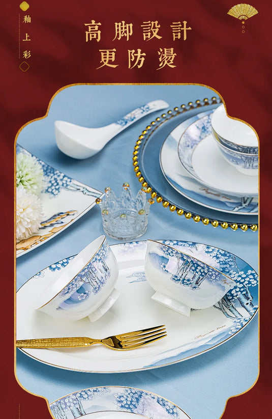 Ensemble complet de bols, plats et assiettes en céramique de Jingdezhen, ensemble de vaisselle en porcelaine bleue et blanche