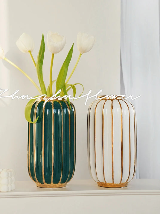 BARNEYS Vase en céramique plaqué or avec design cylindrique convexe, pot de fleurs décoratif de style européen, décoration de maison, décoration de mariage en porcelaine