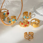 Креативное кольцо из нержавеющей стали с геометрическим круглым гладким отверстием, инкрустация агатом, позолоченное 18К, женское, антиаллергенное, модное украшение