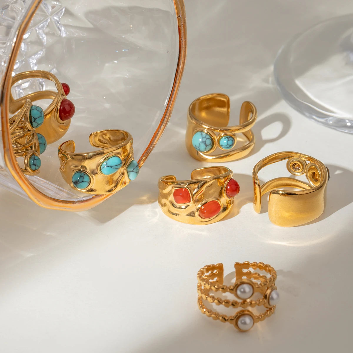 Креативное кольцо из нержавеющей стали с геометрическим круглым гладким отверстием, инкрустация агатом, позолоченное 18К, женское, антиаллергенное, модное украшение