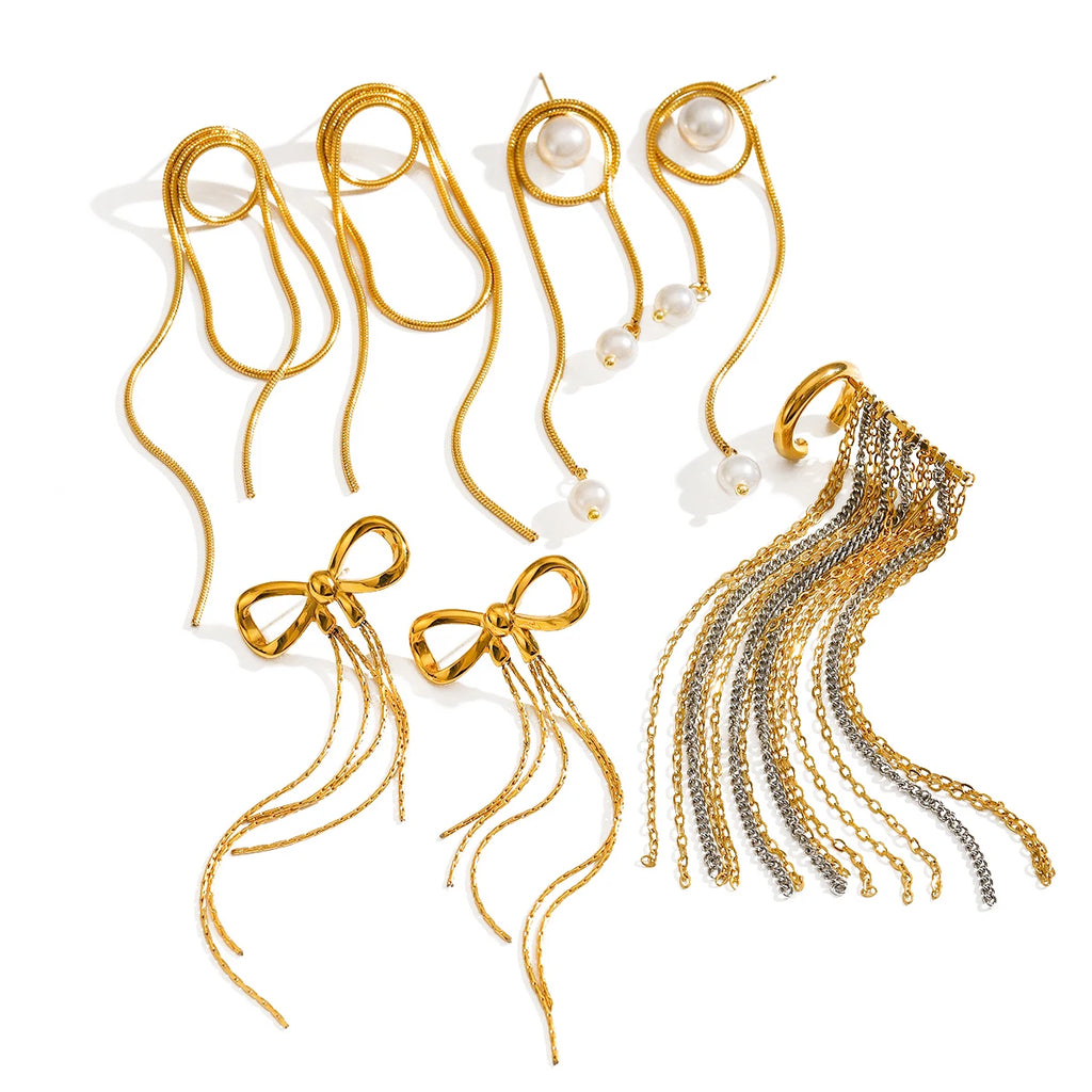 Orecchini a nappina con fiocco in acciaio liscio placcato oro 18k minimalista Anello in acciaio inossidabile Donna Antiruggine Gioielli squisiti Bijoux