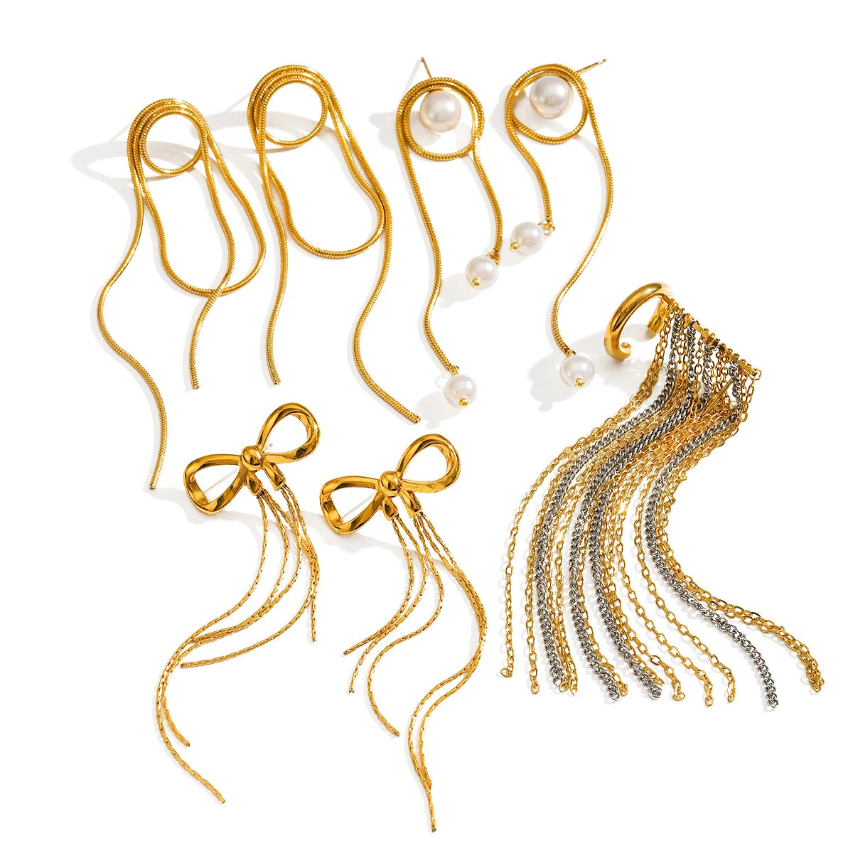 Minimalist 18k Gold Plated Smooth Steel Bowknot Tassel Earrings Ring Stainless Steel Women Rust Proof Exquisite Jewelry Bijoux