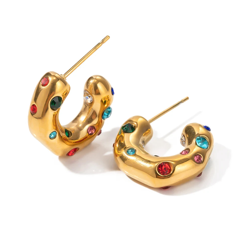 Vintage Y2K C-formet rustfrit stål indlagt farvet zircon Hammer Hoop øreringe til kvinder personlighed vandtæt smykker gave