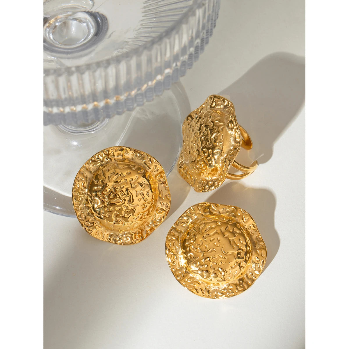 18K Gold Plated Stainless Steel Personality Niche Hammer Grain Hat Earrings Open Ring Delicate Water Resistant Daily Jewelry