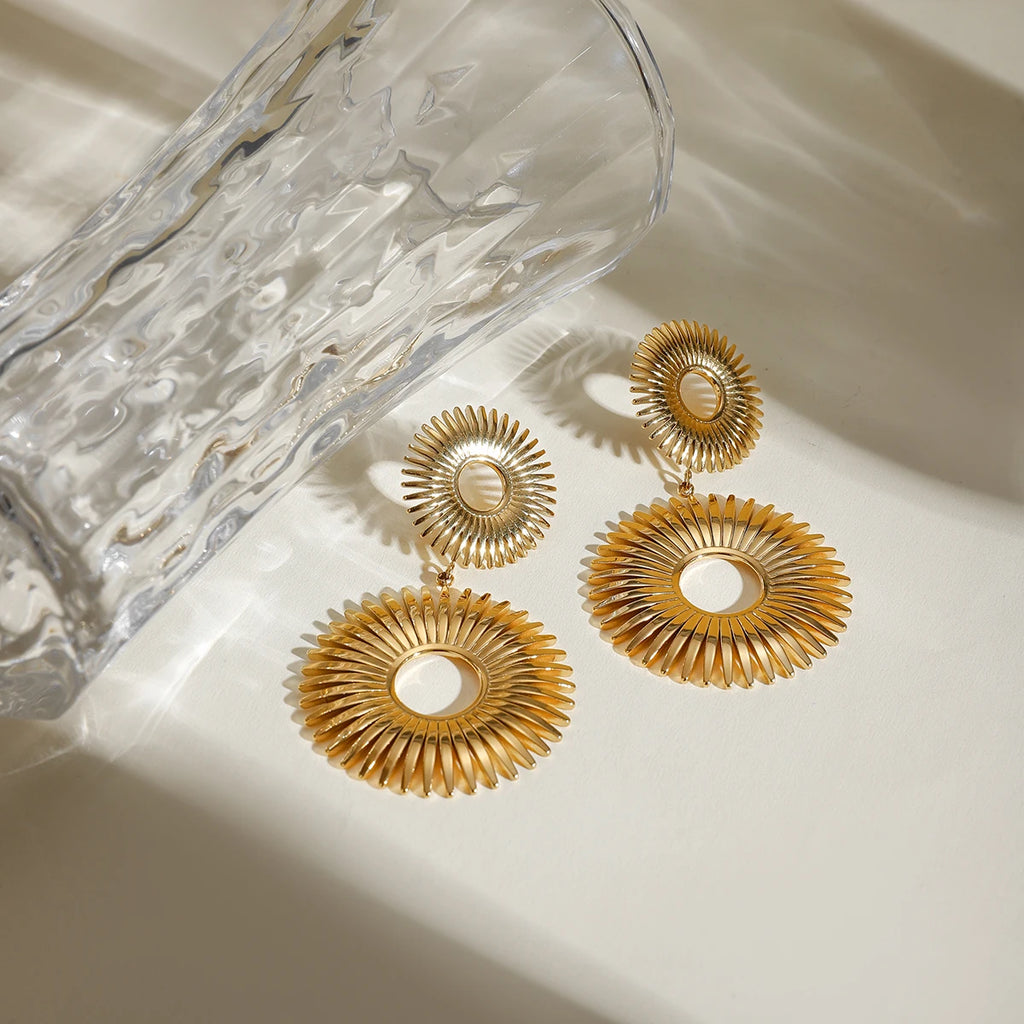 18K PVD Plated Stainless Steel Minimalist Double Layer Sunflower Stud Earrings Waterproof High Quality Attractive Women Jewelry - Grand Goldman
