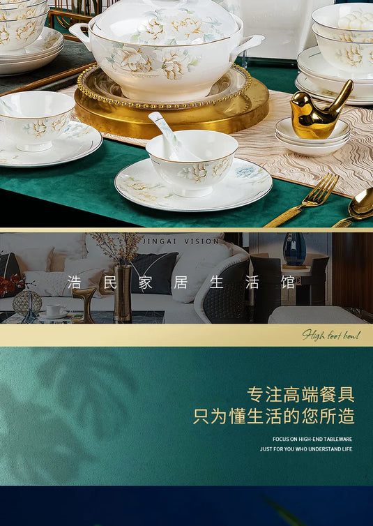 Jingdezhen Bone Porcelain Bowl and Dish Set, Light Luxury Ceramic Tableware Bowl and Chopstick Set