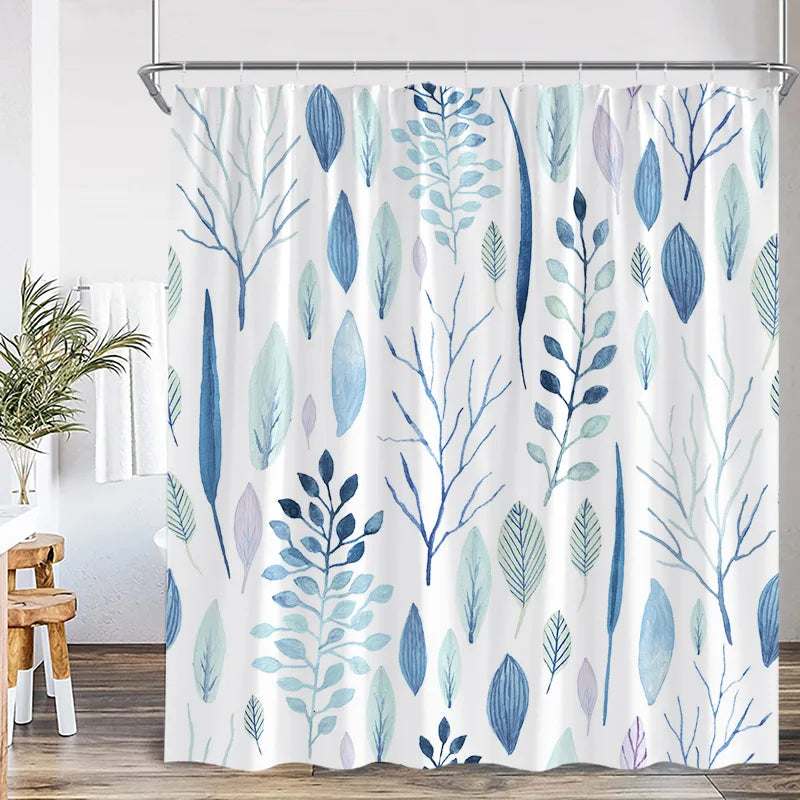 Blue Leaves Shower Curtain Watercolour Plant Eucalyptus Leaf Modern Simple Home Bathroom Decor Fabric Bath Curtains With Hooks
