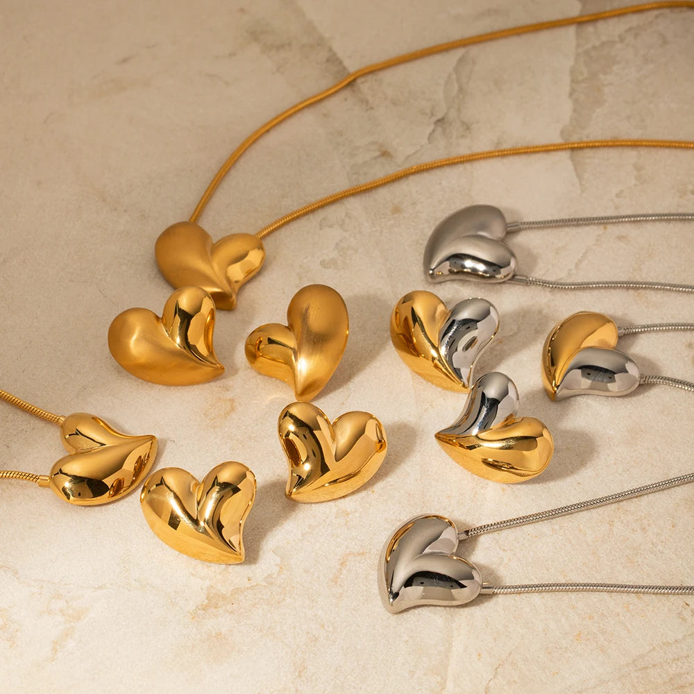18K Gold Plated Stainless Steel Love Heart Series Smooth Earrings & Necklace Set Semi-detached Brushed Low Key Women Luxury Jewelry