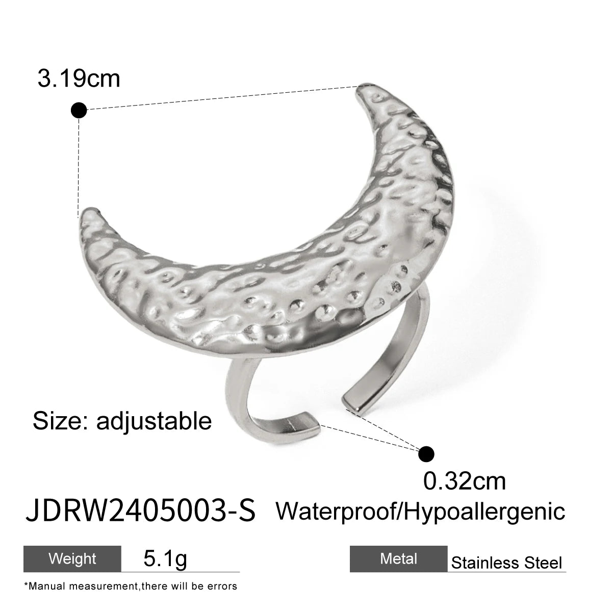 18K PVD Plated Trendy Stainless Steel Hammer Grain Half-Moon Earrings Opening Ring Set Waterproof for Women Gala Gift - Grand Goldman