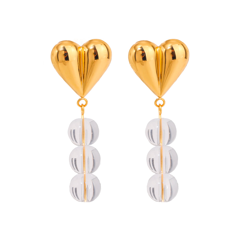 Stainless Steel Vintage Metal 18k Gold Plated Love Heart Hanging Glass Bead String Earrings Women Waterproof Romantic Jewelry