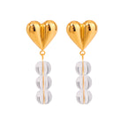 Stainless Steel Vintage Metal 18k Gold Plated Love Heart Hanging Glass Bead String Earrings Women Waterproof Romantic Jewelry