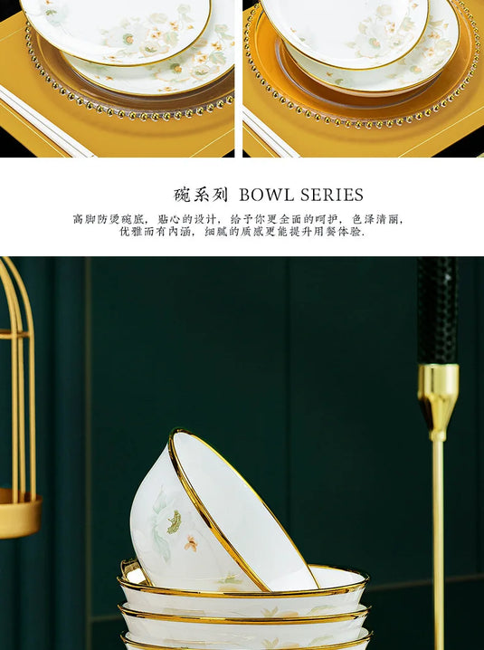 Jingdezhen Ceramic Tableware, Light Luxury Bone Porcelain Tableware Set, Household Bowl and Chopstick Plate Combination