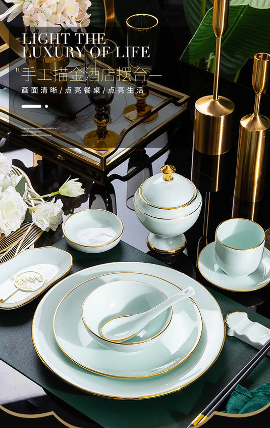 Jingdezhen tableware set, hotel tableware, dishes, gifts, handmade gilt edged dining plates, household dining plates