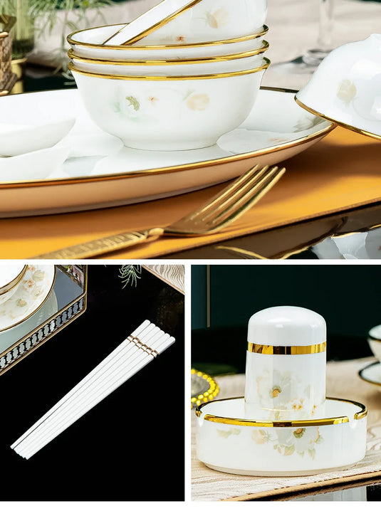 Jingdezhen Ceramic Tableware, Light Luxury Bone Porcelain Tableware Set, Household Bowl and Chopstick Plate Combination