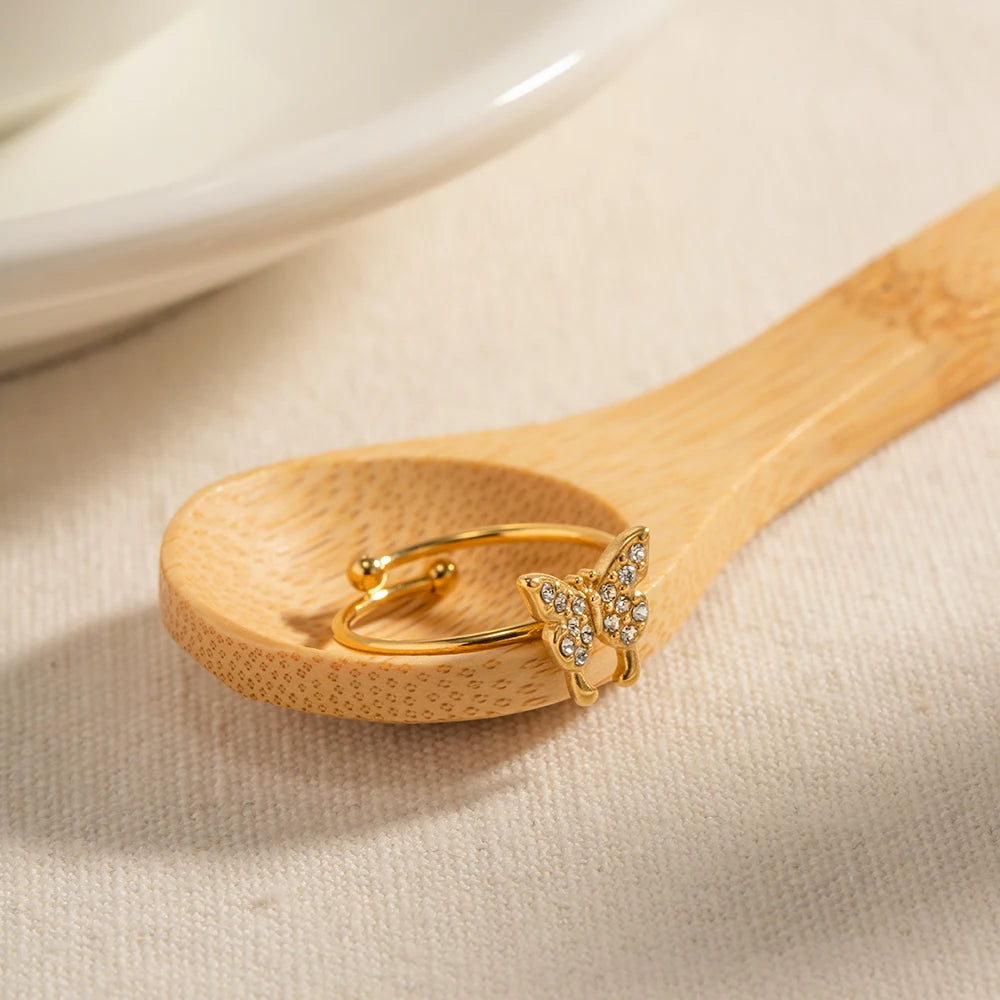 Vintage Stainless Steel Butterfly Inlaid Rhinestone Open Ring Simple Creative Adjustable Jewelry Gift For Women Anillos Mujer