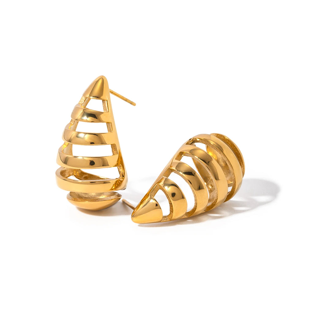 Geometriske vandtætte 18k forgyldte rustfrit stål stribede hule vanddråbeøreringe Metalerklæring Anti-allergiske smykker