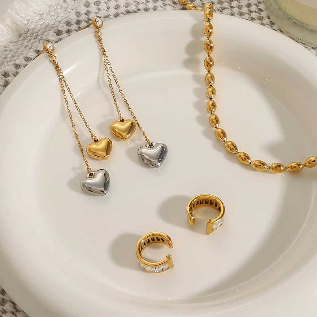 Minimalist 18k Gold Plated Stainless Steel Love Heart Lock Cone Chain Earrings Women Prevent Allergy Charm Jewelry - Grand Goldman