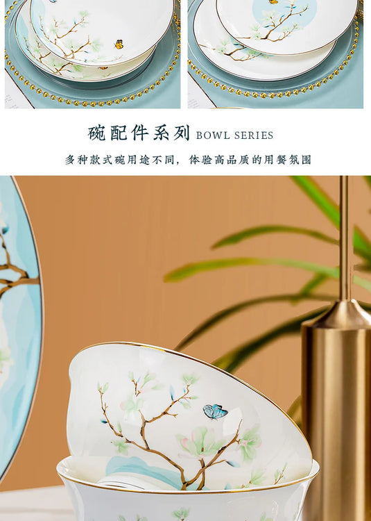 Jingdezhen New Chinese Ceramic Bowls, Dishes, Bone Porcelain Tableware, Bowls, Chopsticks Set, Household Use