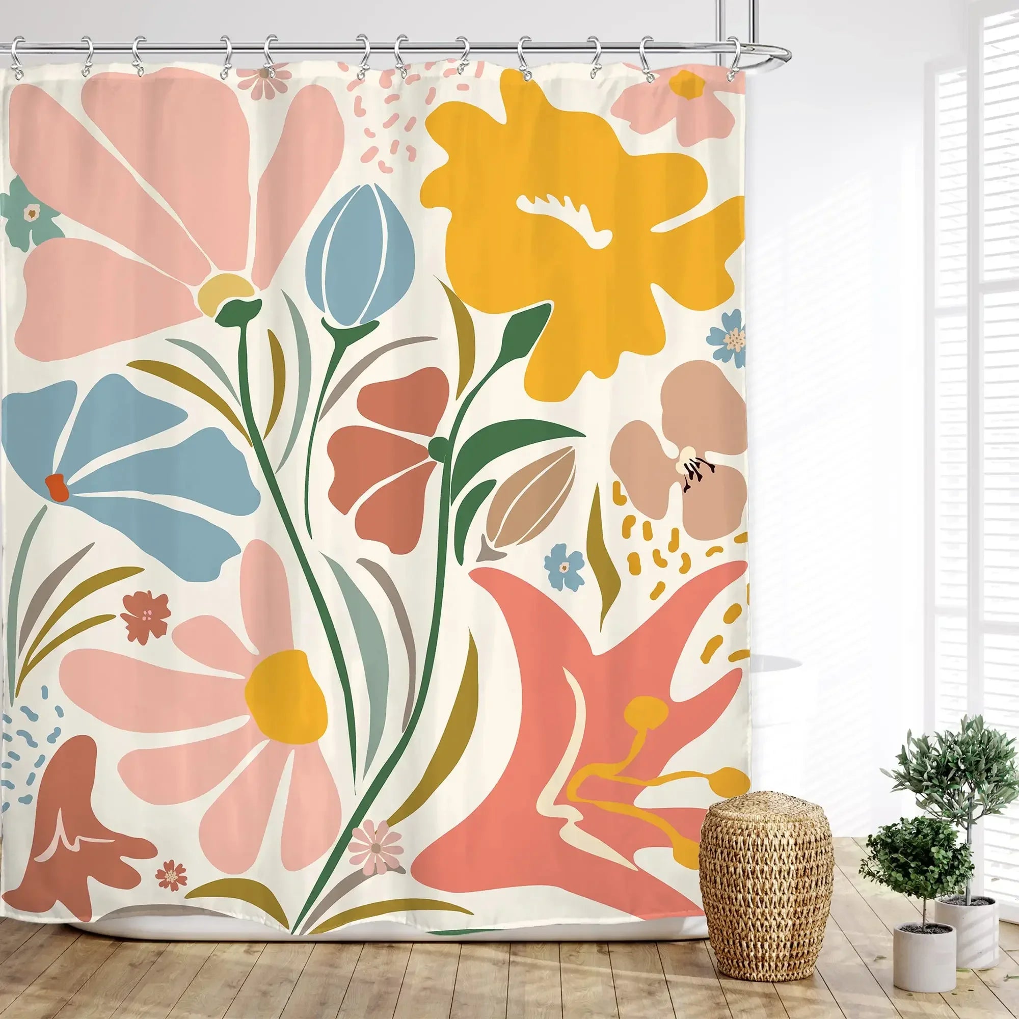 Colorful Flower Shower Curtain, Matisse Flower Danish Pastel Flower Abstract Mid-Century Minimalist Bohemian Bathroom Decoration