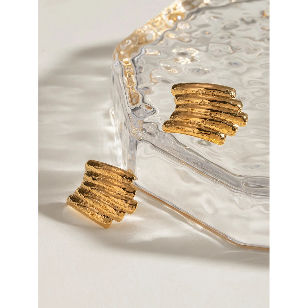 18K PVD Plated Fashion Geometric Minimalist Vertical Hammer Grain Earrings Stainless Steel Women Waterproof Jewelry Gift