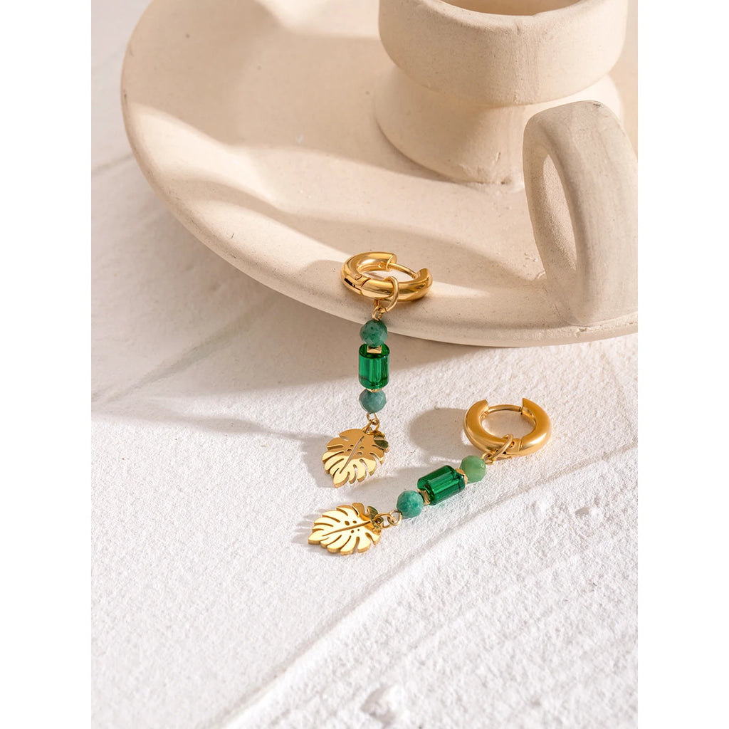 Boucles d'oreilles créoles feuille en cristal de pierre naturelle plaquées or 18 carats pour femmes, bijoux de mode en acier inoxydable de haute qualité, cadeau de gala