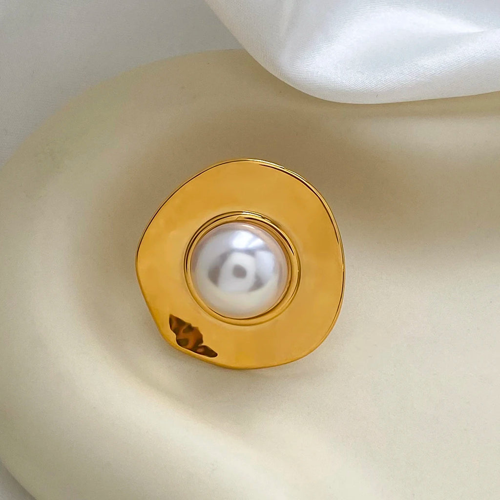 Geometrisch konvexer, gefalteter Korn-Rundschalen-Perlen-Öffnungsring aus Edelstahl, 18K PVD-beschichtet, allergiepräventiver Schmuck