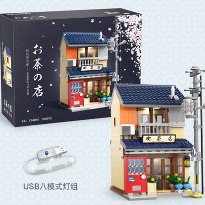 1200PCS JapaneseTea House Building Blocks City Street View Model Bricks Set With Light Idea Desktop Decoration Children DIY Toys