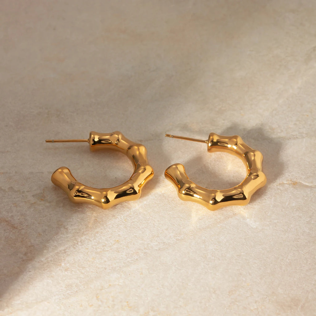 Stainless Steel Creative 18K Gold Plated Minimalist Smooth Bamboo Joint C-shaped Earrings Waterproof Personality Jewelry