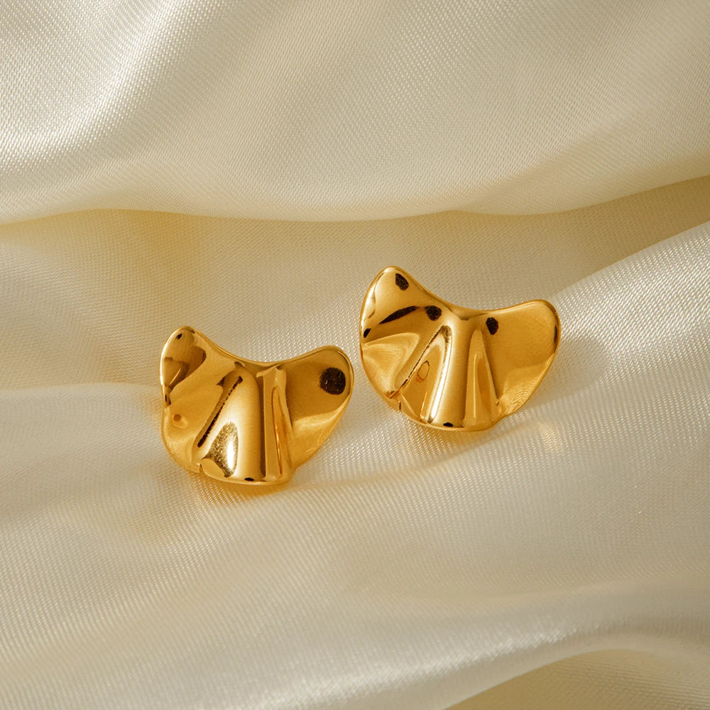 Stainless Steel 18k Gold Plated Minimalist Metal Textured Irregular Convex Stud Earrings Waterproof Femme Chic Stylish Jewelry