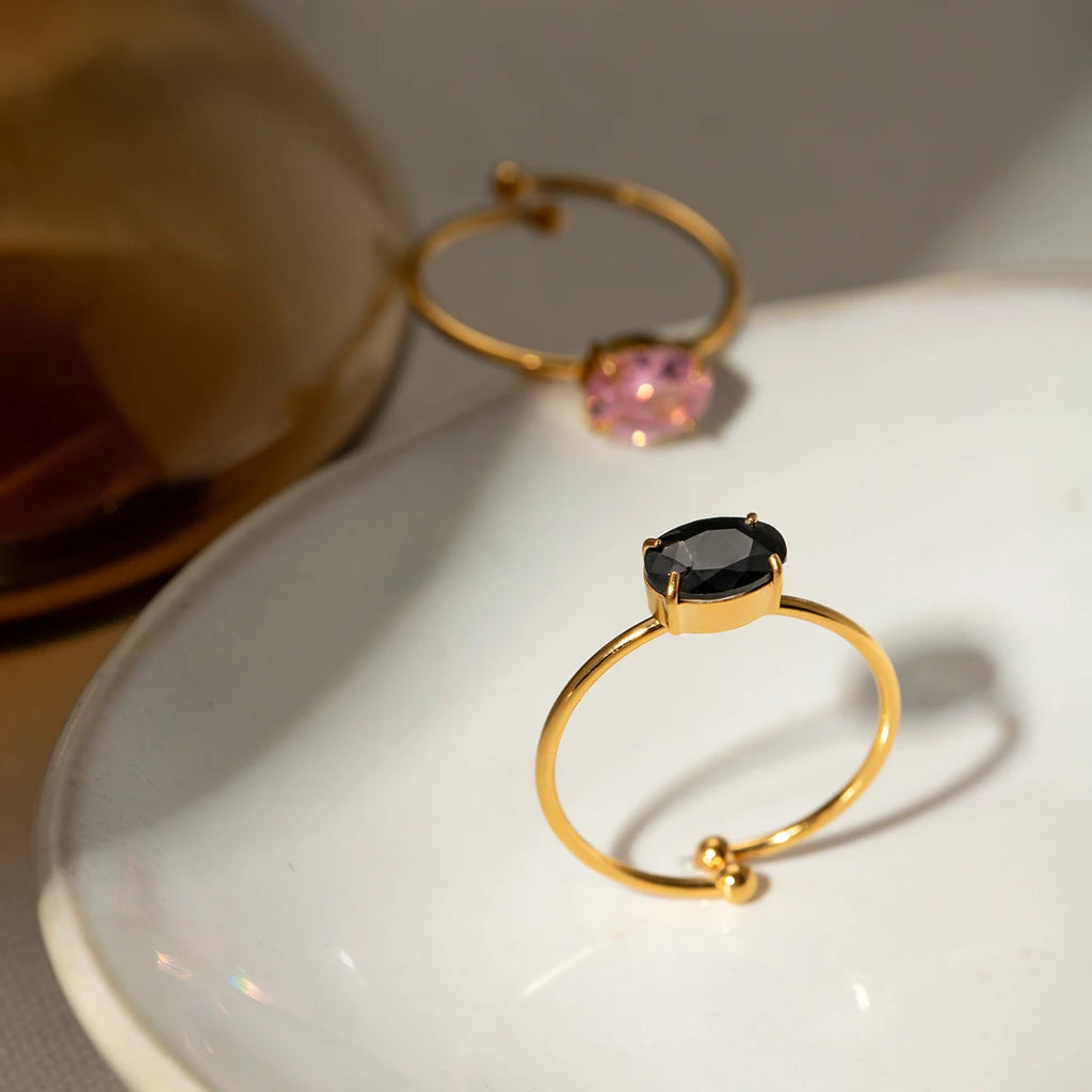 Stilvoller 18k vergoldeter, rostfreier, strukturierter, einfacher, verstellbarer Ring mit Zirkon-Einlage, Charme, Statement, anti-allergisch, Damenschmuck