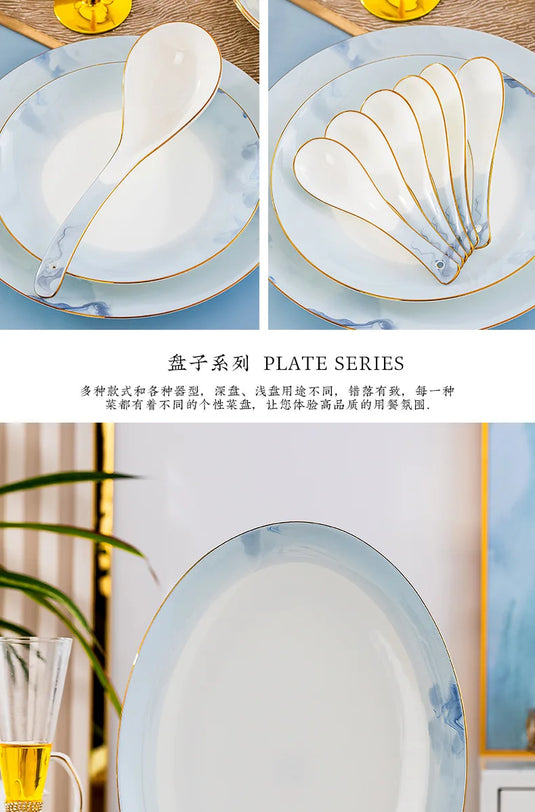 Ensemble de bols et de plats à vent de luxe léger de Jingdezhen Ensemble complet de bols, de baguettes et de plats en porcelaine d'os de ménage