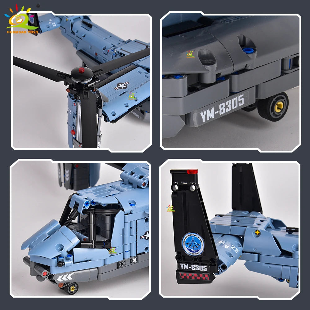 HUIQIBAO MOC 1389PCS V-22 Tiltrotor Aircraft Helicopter Building Block Children Military Airplane model Bricks Toy home Decor.