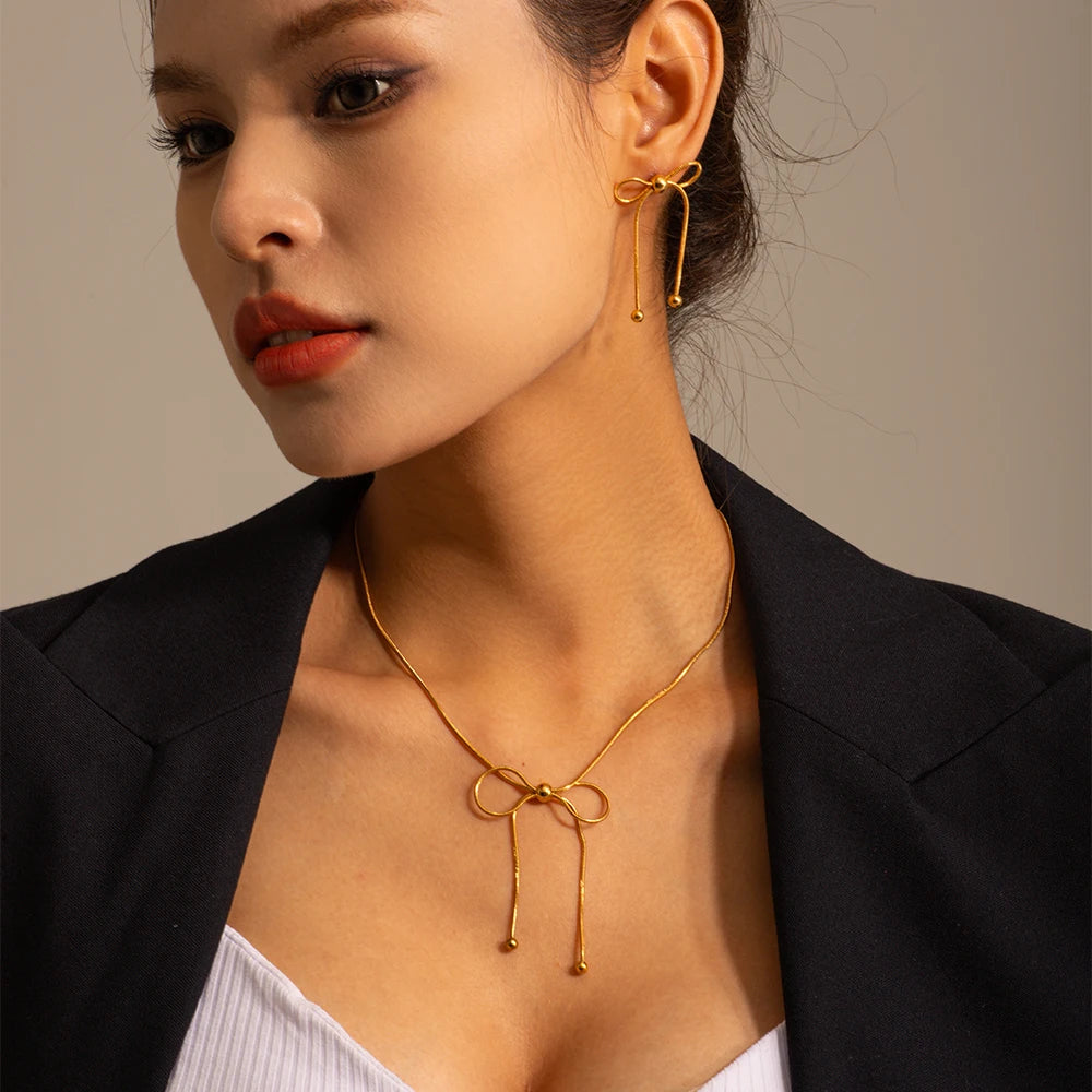 Minimalist Yay Püskül Küpe Açık Yüzük Kolye Kombinasyonu Takı Kadınlar Trendy 18K Altın Paslanmaz Çelik Günlük Kullanım