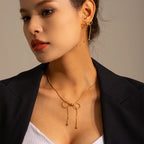 Minimalist Bow Tassel Earrings Open Ring Necklace Combination Jewelry Women Trendy 18K Gold Stainless Steel Daily Wearing