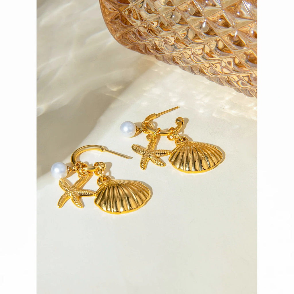 Summer 18K Gold Plated Sea Ocean Series Vintage Gold Starfish Shell Earrings Stainless Steel Statement Waterproof Jewelry
