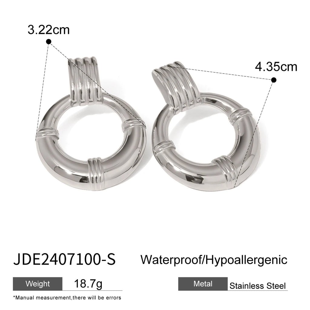 18K PVD Plated Vintage Metal Texture Circle Round Hollow Rib Earrings Stainless Steel Women Prevent Allergy Stylish Jewelry