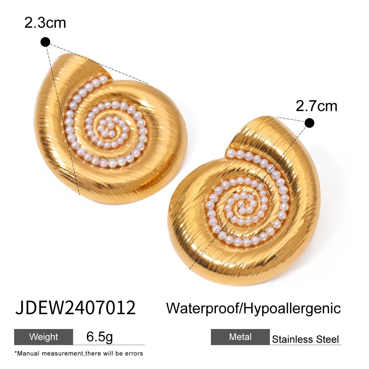 Stainless Steel Vintage Wire Drawing Metal 18k Gold Plated Conch Shaped Earrings Sticky Pearls Women Waterproof Romantic Jewelry