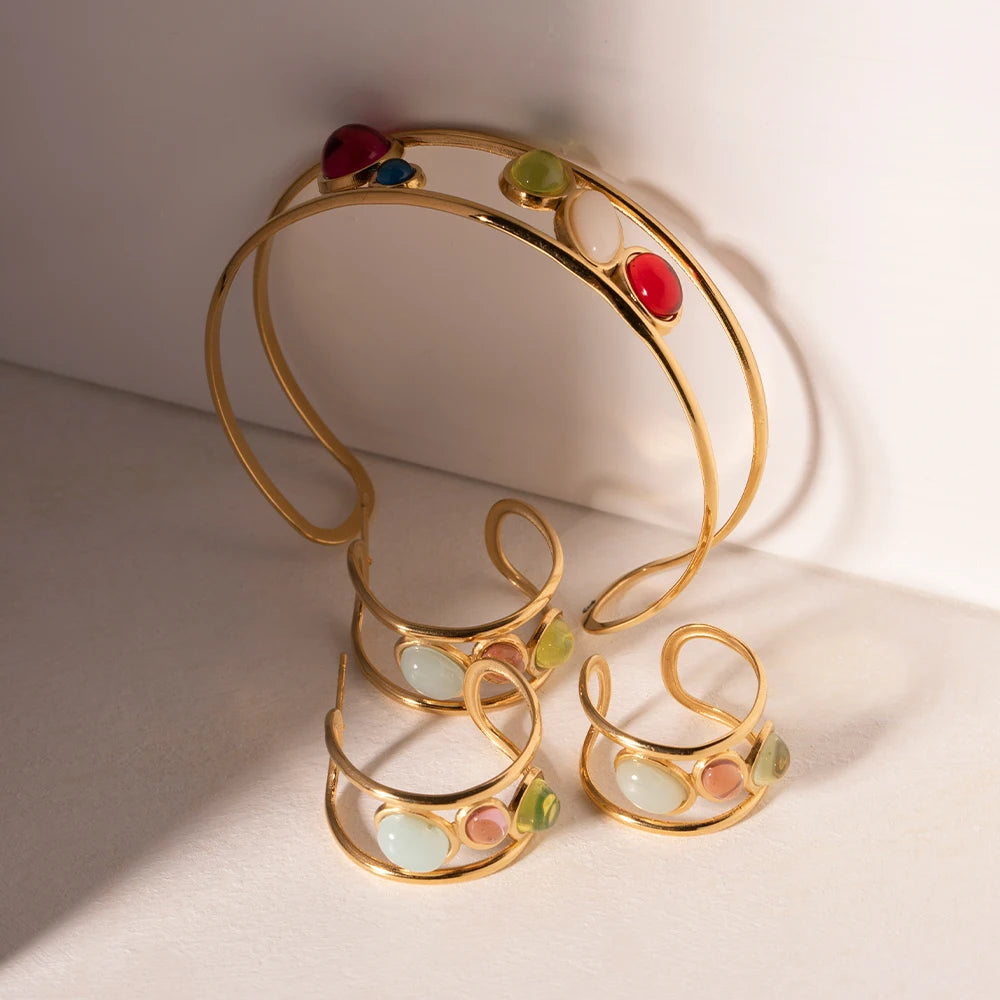 Edelstahl wasserdicht 18K vergoldet spanisches Nischen-Design /Ohrring/Armband Set Luxus Moranti Schatz Glas Schmuck Set