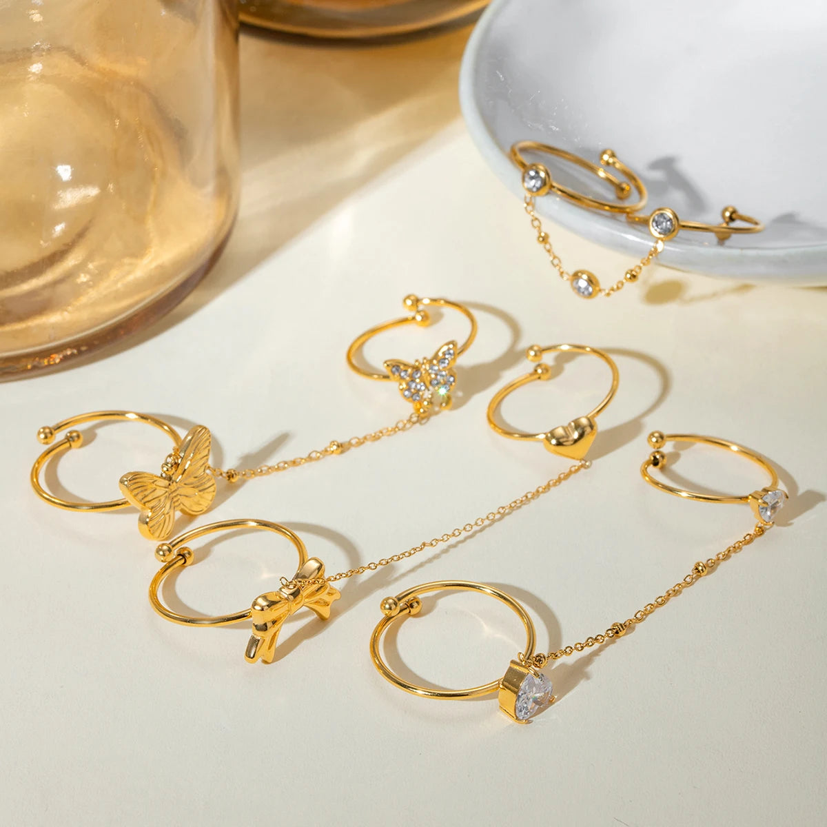 Light Cozy 18K PVD Plated Stainless Steel Delicate Fine Two Pairs A Set of Fingertip Opening Rings Trendy Women Premium Jewelry