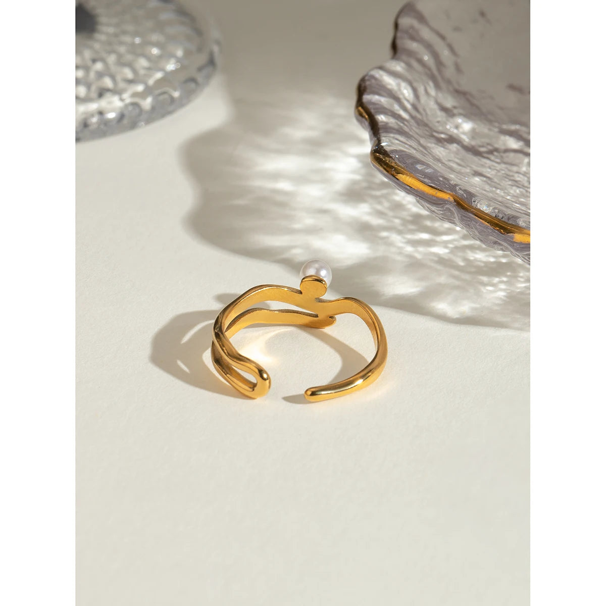 18K vergoldeter Edelstahl Muschelkorn Wellen Glatter Offener Ring Damen Charm Täglich Exquisite Anti-Allergische Schmuck Bijoux